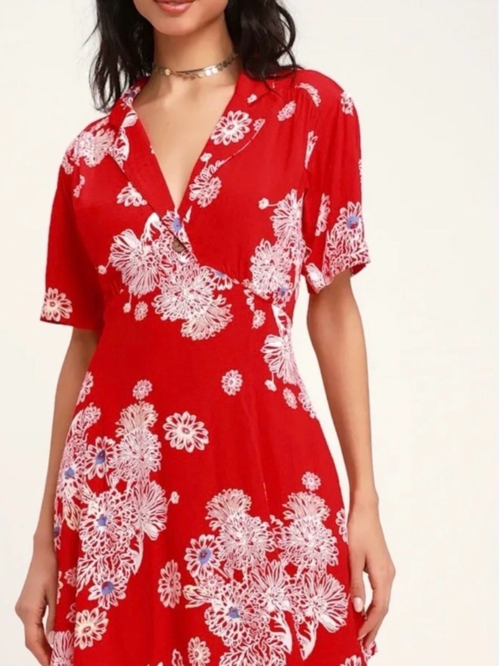 Free People Blue Hawaii Red Floral Mini Dress Short Sleeve Boho